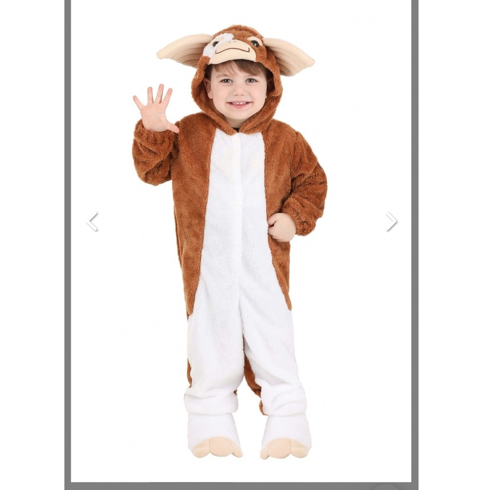 Gremlins Gizmo Costume Toddler Plush Hooded Jumpsuit Brown White Kids Size 8-10